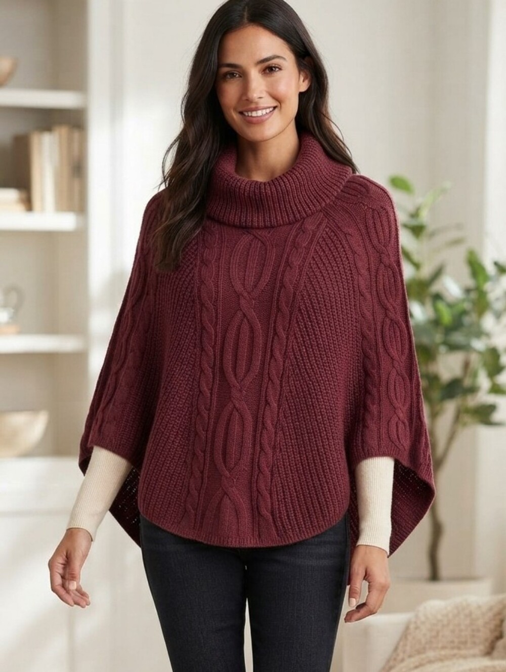 NWT Le Moda Cozy Cable Knit Turtleneck Poncho Cape One Size OS Burgundy Wine